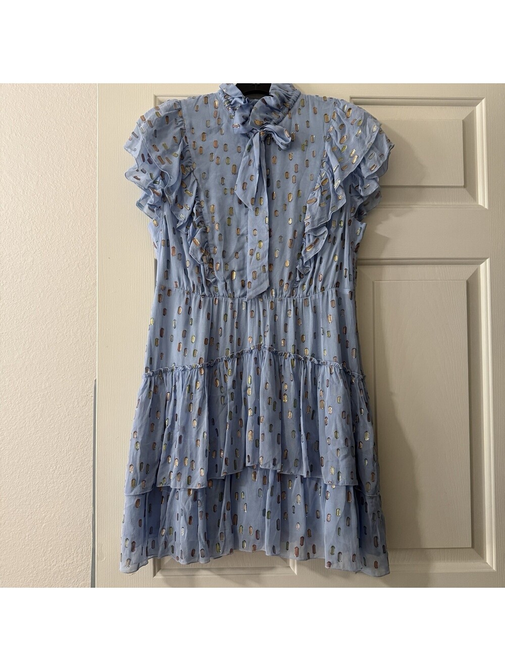 Antik Batik Adalie Tiered Mini Dress Blue Chiffon Metallic Accents S Small NWT